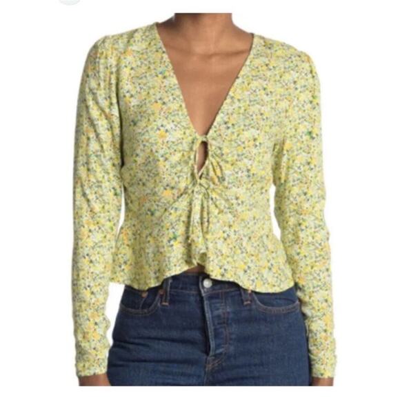 AFRM Lipa Floral Tie Front Blouse S Yellow - Picture 1 of 6
